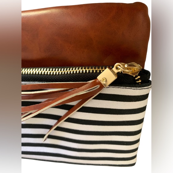 FUNKY MONKEY Classic Black & White Stripe Tassel Fold Over Clutch Handbag Purse - Picture 5 of 12